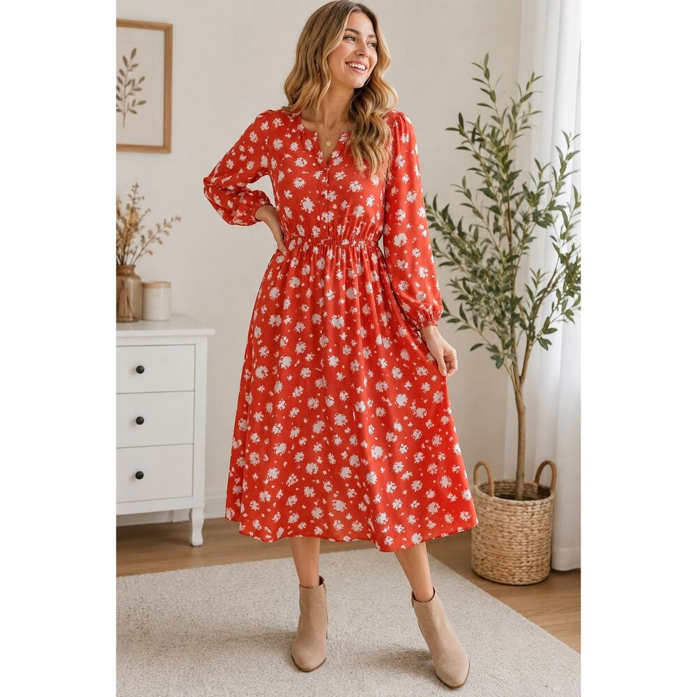 Bobeau Floral Midi Dress Long Sleeve Shirred Waist Cottagecore L Teacher Boho